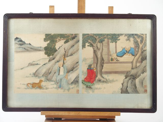 Suite de 8 feuilles d'albums représentant Bouddha et les disciples du 