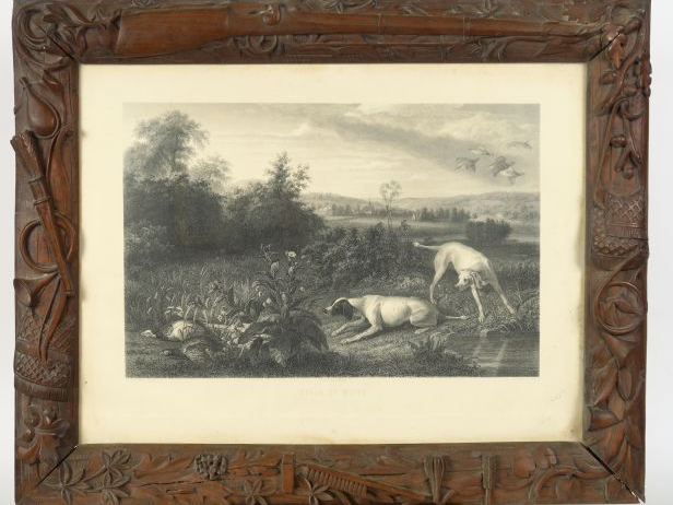 Paire de gravures de chasse en noir dans de très beaux cadres en noyer