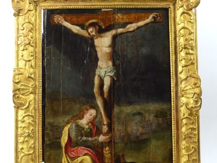 Ecole du Nord XVIIème "La crucifixion' Huile sur panneau (mauvais état