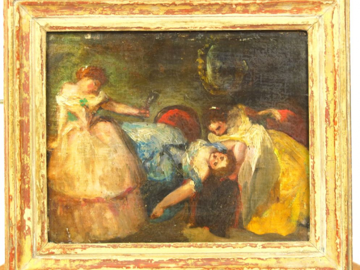 Ecole française fin XIXème "L'ivresse". Huile sur toile.  Dim. : 18 x 