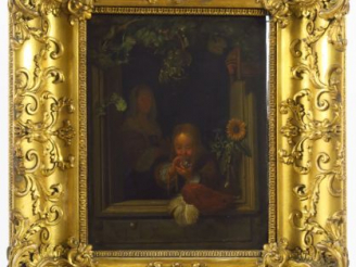 Vente aux enchères Ecole française XIXème "Jeune fille à la bulle" Huile sur zinc. Dim. 2