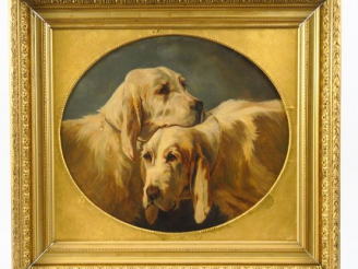 Vente aux enchères Ecole française XIXème "Portrait de chiens de chasse" Huile sur toile.