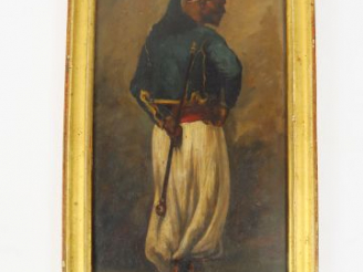 Vente aux enchères Ecole française XIXème "Portrait de zouave en pied" Huile sur panneau.