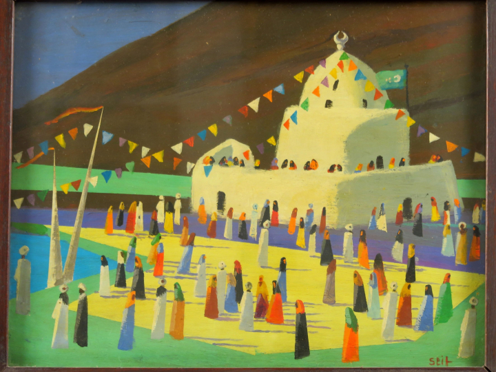 SEIF WANLY "Jour de fête en Nubie" Huile sur carton. Signée en bas à d