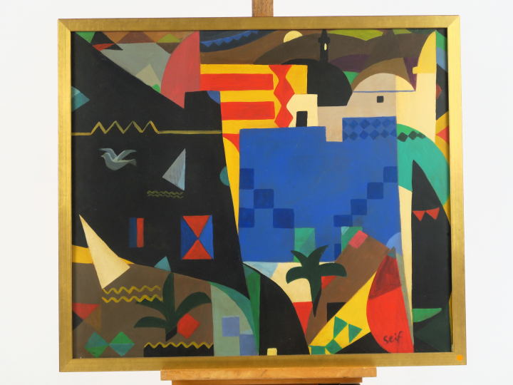 SEIF WANLY "Paysage cubiste" Huile sur papier. Signée en bas à droite.