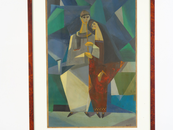 SEIF WANLY "Joueur de flûte et jeune femme" Huile sur papier. Signée e