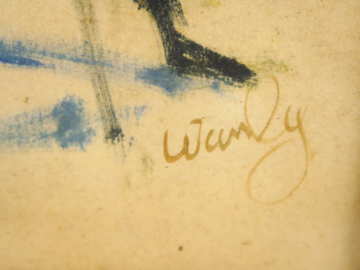 WANLY "Violloncelliste" Gouache sur papier.  Signée en  bas à droite. 