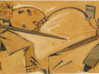 Vente aux enchères WANLY "La palette contre la plume" Aquarelle. Signée en bas à gauche. 