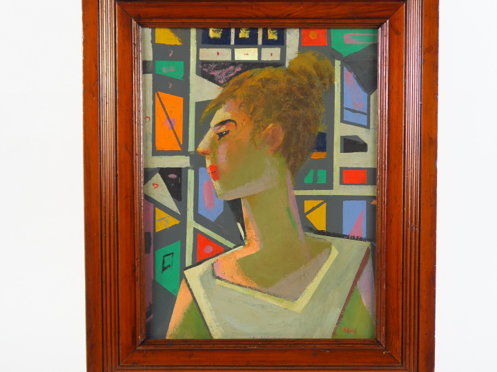 SEIF WANLY "Jeune fille de profil" Huile sur carton. Signée en bas à d
