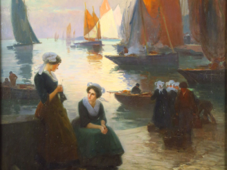 Vente aux enchères Henri Alphonse BARNOIN "Scène animée sur le port" Huile sur toile.  Si