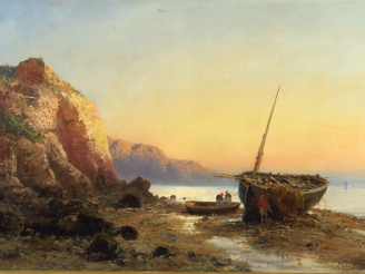 Vente aux enchères GODCHAUX "Scène de pêche" Huile sur toile.  Signée en bas à gauche.  4