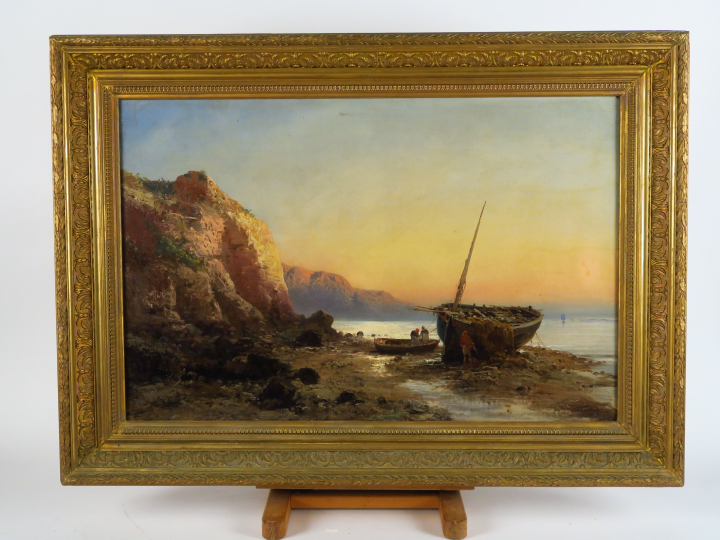 GODCHAUX "Scène de pêche" Huile sur toile.  Signée en bas à gauche.  4
