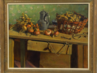 Vente aux enchères Charles GUERIN (attribué à).  "Nature morte aux oignons et aux pommes 