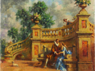 Vente aux enchères Charles GUERIN.  "L'indiscret" Huile sur toile, monogrammée en bas à g