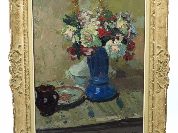 Joêl JOËTS. "Nature morte au bouquet de fleurs" Huile sur panneau, sig