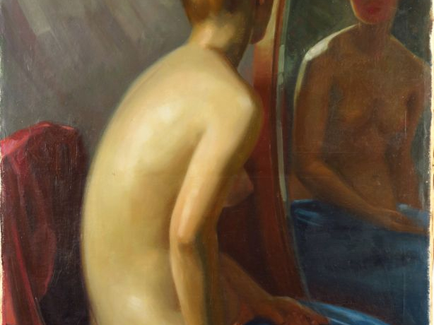MILLER-RANSON.  "Jeune femme dénudée au miroir". Huile sur toile. Sign
