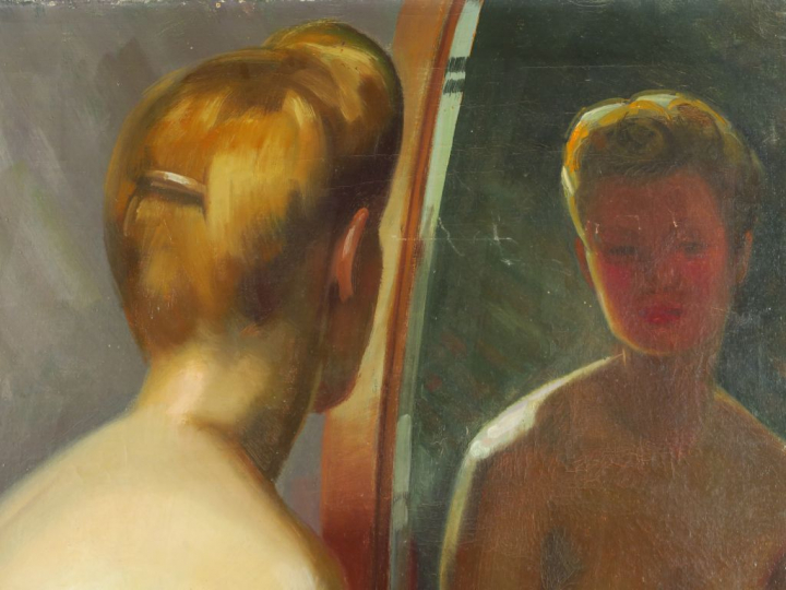 MILLER-RANSON.  "Jeune femme dénudée au miroir". Huile sur toile. Sign