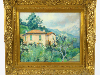 Vente aux enchères MANZANA PISSARO "Paysage du Midi au printemps" Huile sur papier marouf