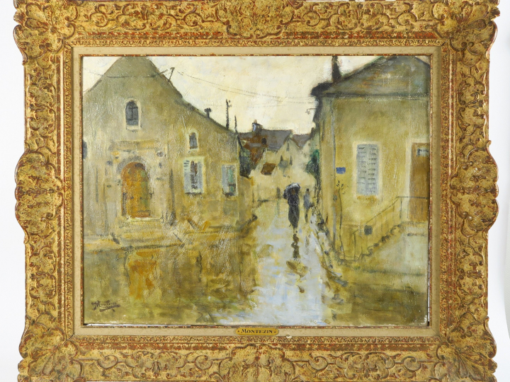 MONTEZIN "Un jour de pluie". Huile sur toile.  Signée en bas à gauche.