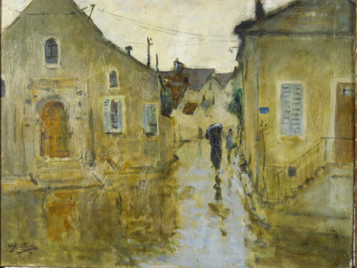MONTEZIN "Un jour de pluie". Huile sur toile.  Signée en bas à gauche.