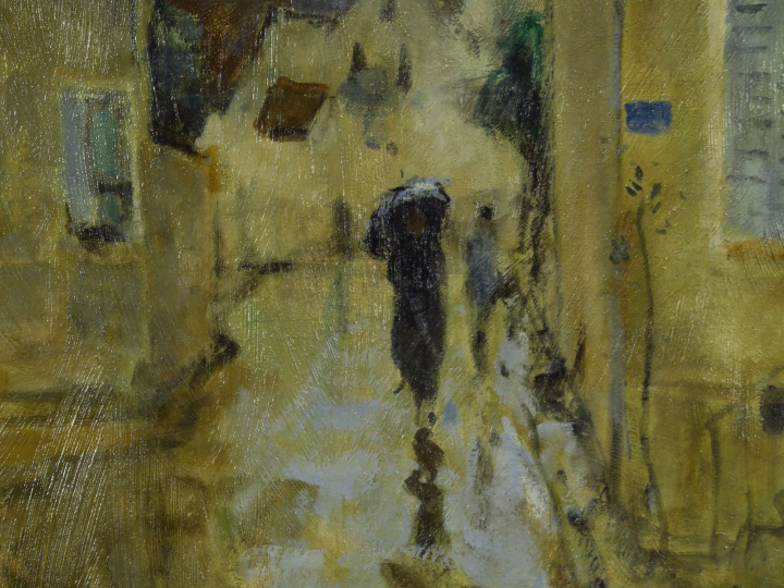 MONTEZIN "Un jour de pluie". Huile sur toile.  Signée en bas à gauche.