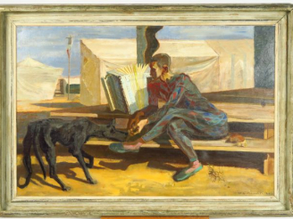Vente aux enchères M.G PONCELET "Le bateleur" Huile sur toile.  Signée et datée 1936 en b