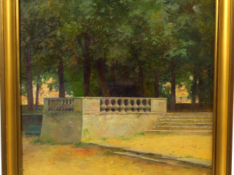 Vente aux enchères Albert REGAGNON. "Coin de parc à Nimes" Huile sur panneau, signée, sit