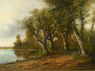 Vente aux enchères H. RIEU "Paysage" Huile sur toile. Signée en bas à droite.  65 x 92 cm