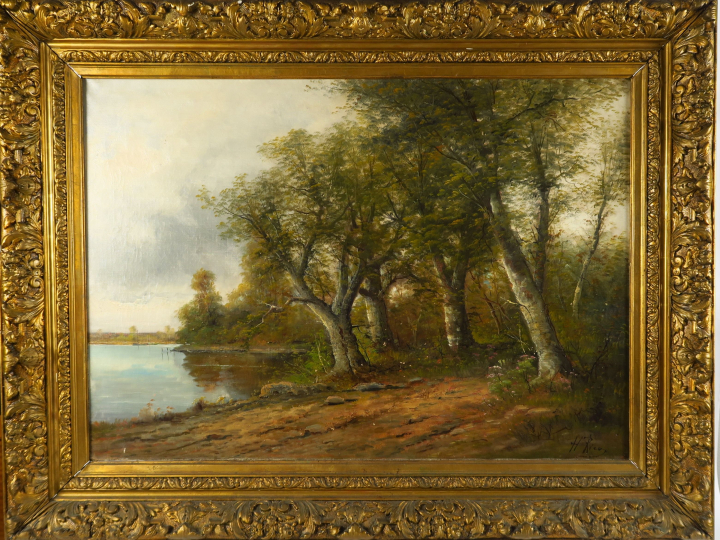 H. RIEU "Paysage" Huile sur toile. Signée en bas à droite.  65 x 92 cm