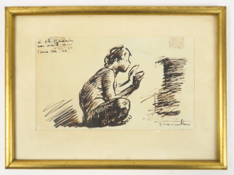 Vente aux enchères STEINLEN "Jeune homme près de l'âtre". Dessin à l'encre, signé en bas 