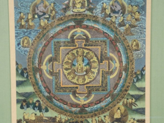Vente aux enchères Mandala orné d'épisodes de la vie de bouddha, en son centre un  double