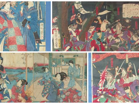 Lot de 4 estampes dont certaines diptyques (mauvais état).