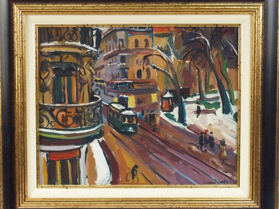 RENEE ASPE, "Toulouse, jour de neige". Huile sur carton signée en bas 