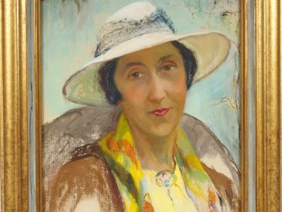 Berthe HAINAUT "Portrait d'homme et d'élégante au chapeau". Paire de p