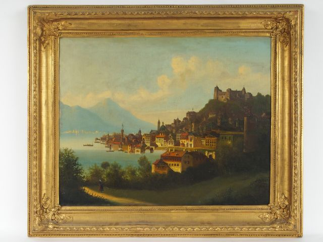 Ecole italienne XIXème 'Paysage de lacs italiens'. Paire d'huiles sur 