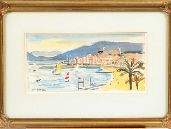 Y. BRAYER 'Vue de Cannes". Aquarelle, signée en bas à gauche. 15 x 31 