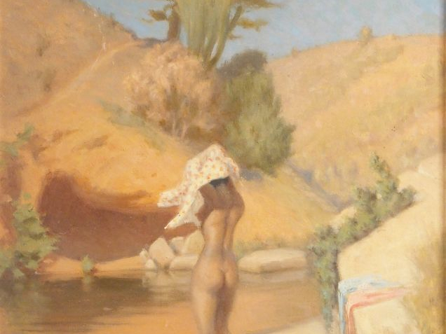 CHAUVELOT.  "Jeune africaine au bain". Huile sur panneau, signée en ba