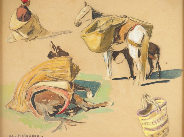 Edouard DOIGNEAU. Suite de trois aquarelles dont une double face. "Etu