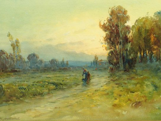 R. DUMONTEIL "Paysage animé au crépuscule". Aquarelle, signée en bas à