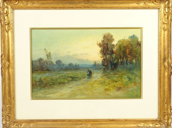R. DUMONTEIL "Paysage animé au crépuscule". Aquarelle, signée en bas à