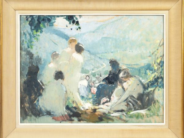 Jules Pierre HERVE "Le déjeuner sur l'herbe". Huile sur papier, signée
