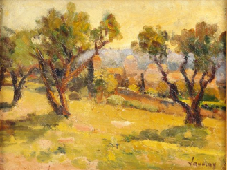 Vente aux enchères A. LAUVRAY "Paysage". Huile sur carton, signée en bas à droite. 27 x 3