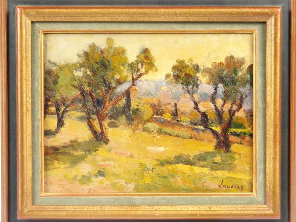 A. LAUVRAY "Paysage". Huile sur carton, signée en bas à droite. 27 x 3