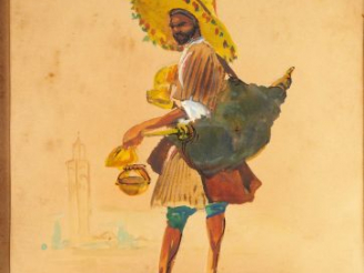 Vente aux enchères NERY 'Vendeur de cuivres marocain'. Aquarelle gouachée, signée en bas 