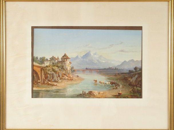 Paul PASCAL. "Paysage de montagne et bord de fleuve animé". Gouache, s
