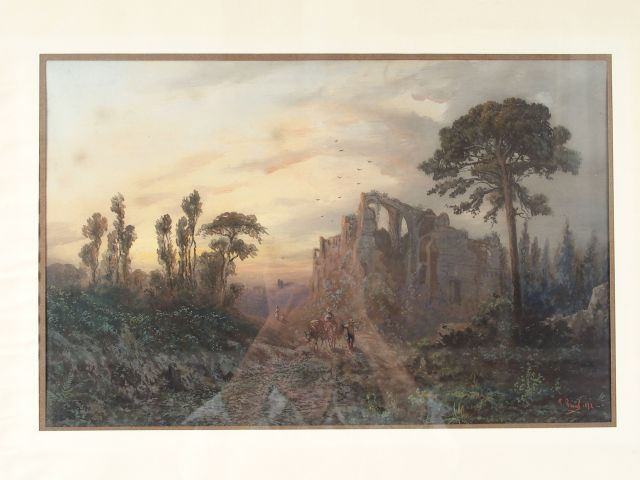 Paul PASCAL. "Personnages dans les ruines". Gouache, signée en bas à d