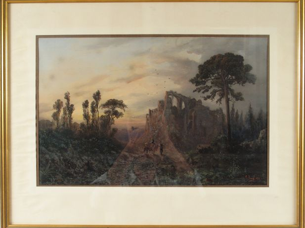 Paul PASCAL. "Personnages dans les ruines". Gouache, signée en bas à d
