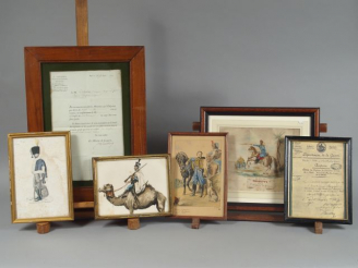 Vente aux enchères Aquarelle 'Gombette 1er chasseur d'Afrique' , gravure 'colonel des cha
