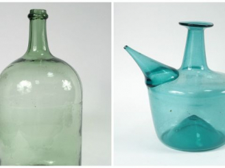 Vente aux enchères Porron en verre bleu de grésine et grande bouteille ancienne en verre.
