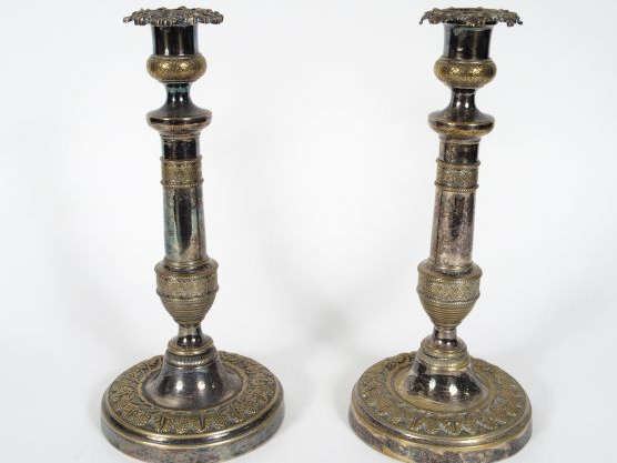 Paire de bougeoirs XIXème en bronze argenté, à décor de pampres et de 